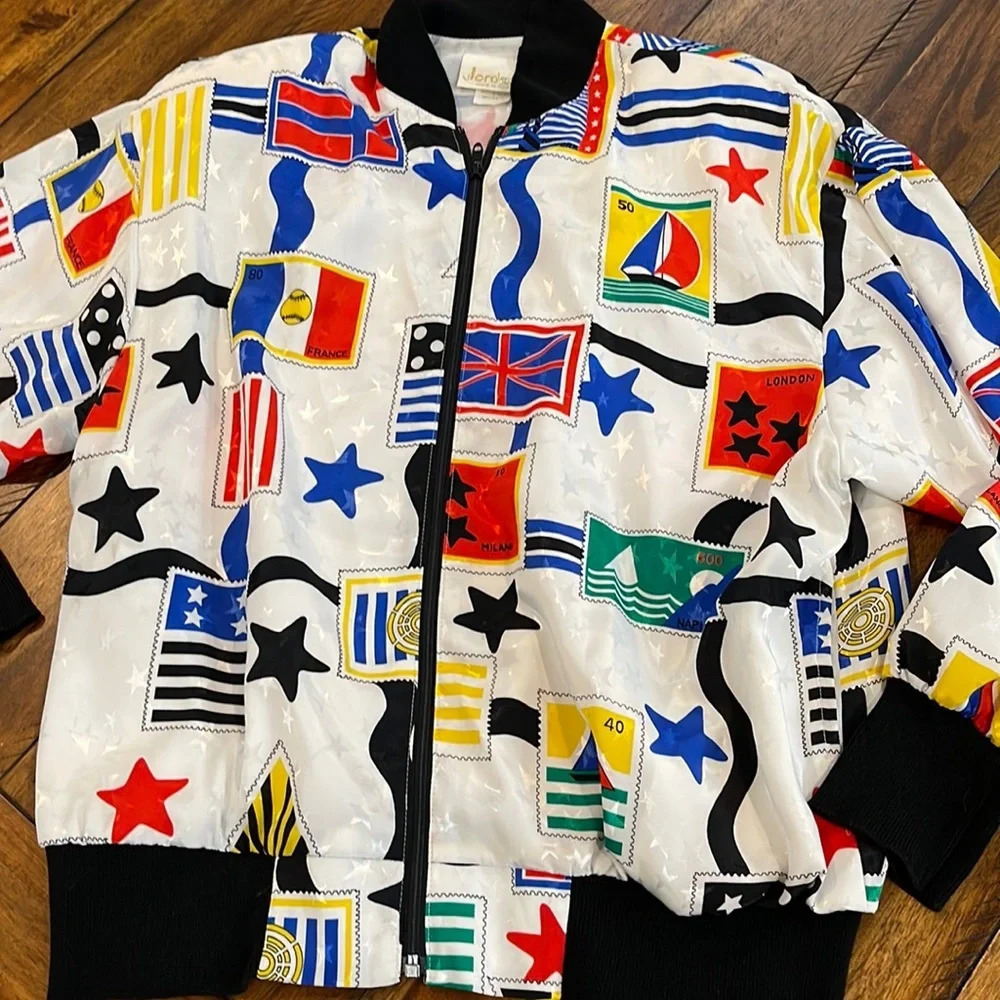 Vintage Jordana Stamps Flags zip Up Jacket Elastic Waist Blouse Small - Picture 3 of 16